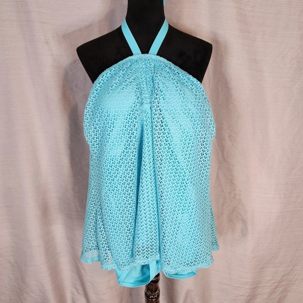 CATALINA Size 1X Aqua Blue Crochet Mesh Halter Tankini Swimsuit One Piece Beach